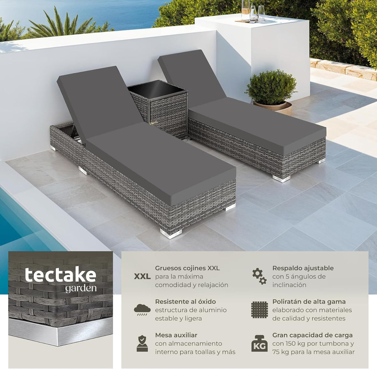 Set 2 Tumbonas de Ratán y Aluminio + Mesa Jardín, Tumbonas Piscina Respaldo Regulable