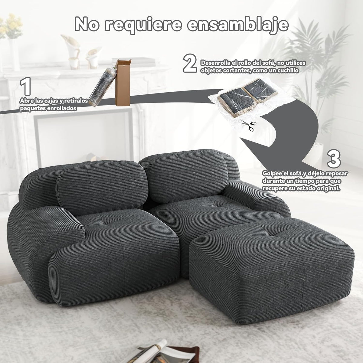 Sofá Moderno Modular, Tela côtelé, Asiento Profundo + reposabrazos Anchos
