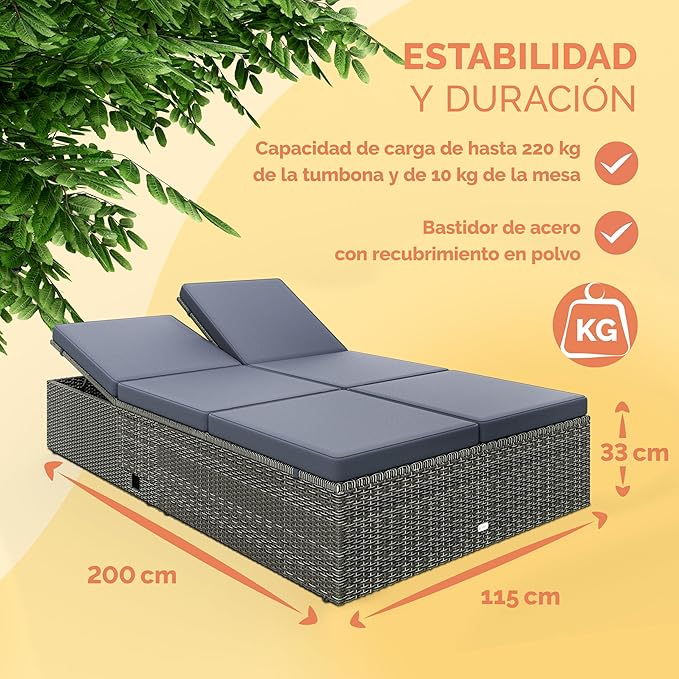 Tumbona Doble Jardín 200x115cm 2 Mesas Plegable Cojín Poliratán Resistente Intemperie 7 Posiciones Gris Antracita