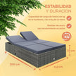 Tumbona Doble Jardín 200x115cm 2 Mesas Plegable Cojín Poliratán Resistente Intemperie 7 Posiciones Gris Antracita