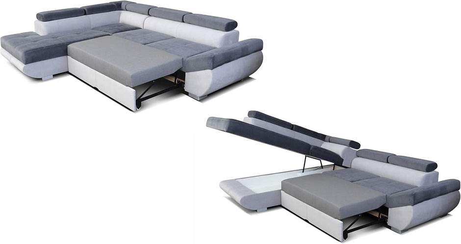 Sofá Esquinero Cama - con Cajón - 2 Cojines - Reposacabezas Ajustables