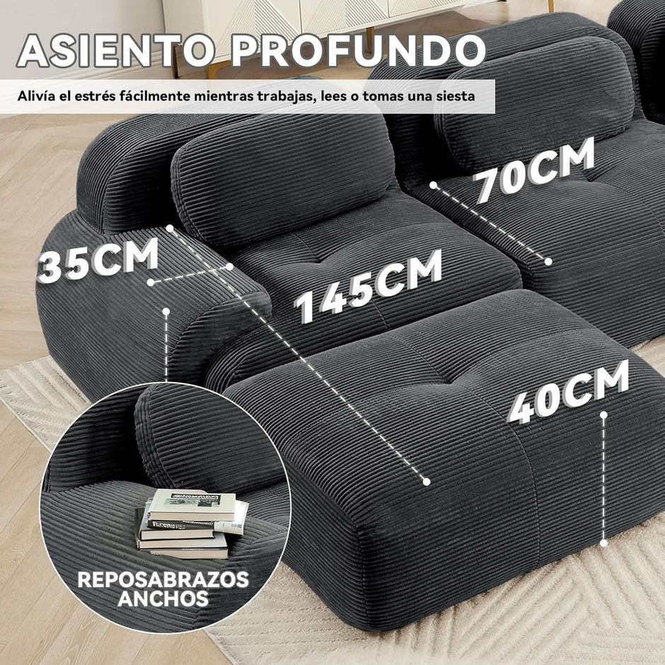 Sofá Moderno Modular, Tela côtelé, Asiento Profundo + reposabrazos Anchos