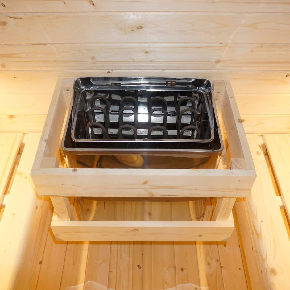 Sauna exterior y cabina de infrarrojos para 6 personas, 210 × 180 × 210 cm, horno Harvia de 8 kW, madera de abeto, cristal templado