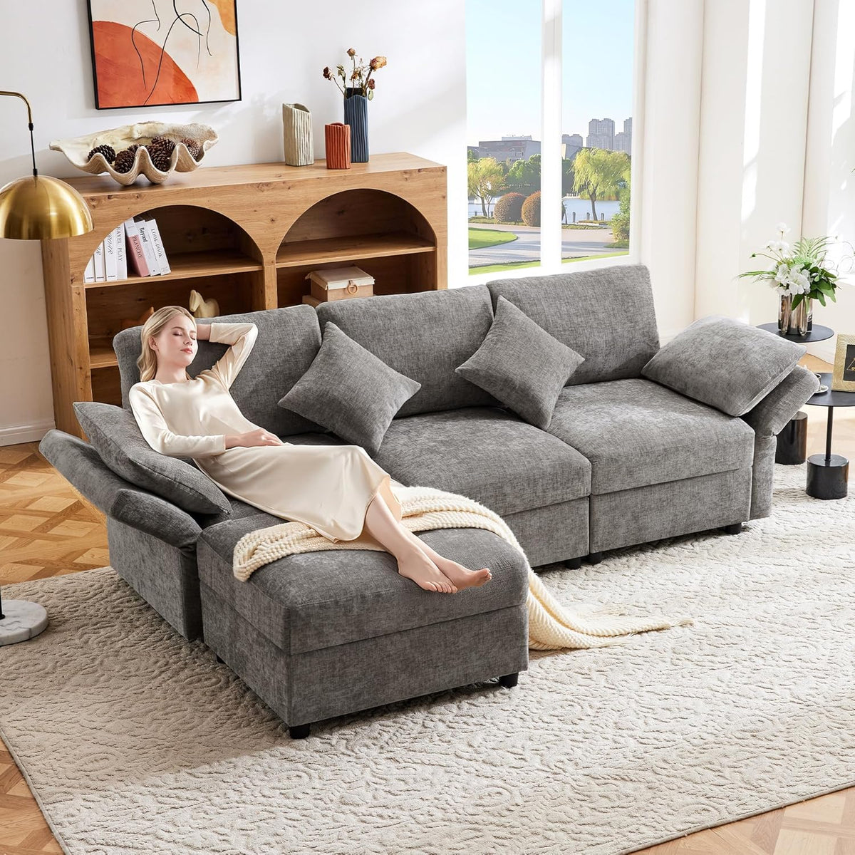 Sofá de esquina en forma de L con reposapiés, sofá cama convertible de 3 plazas