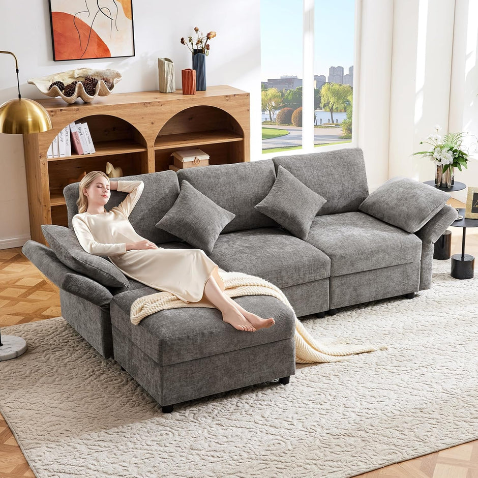 Sofá de esquina en forma de L con reposapiés, sofá cama convertible de 3 plazas