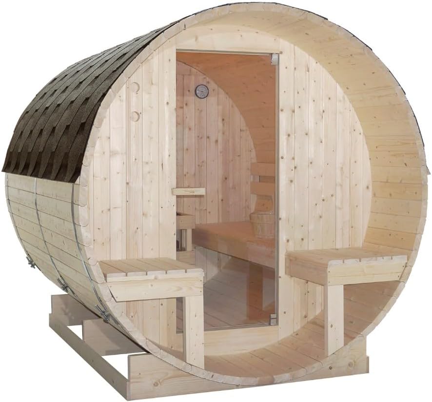 Sauna para 4 – 6 personas 194,8 × 220 × 191,5 cm, horno Harvia 8 kW, madera de abeto, cristal templado