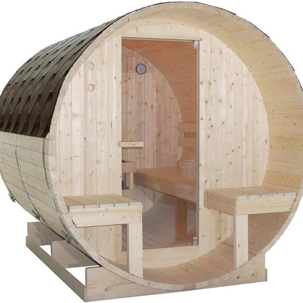 Sauna para 4 – 6 personas 194,8 × 220 × 191,5 cm, horno Harvia 8 kW, madera de abeto, cristal templado