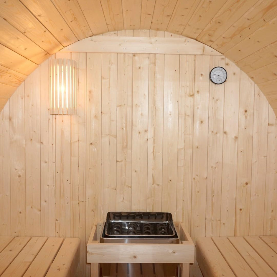 Sauna para 4 – 6 personas 194,8 × 220 × 191,5 cm, horno Harvia 8 kW, madera de abeto, cristal templado