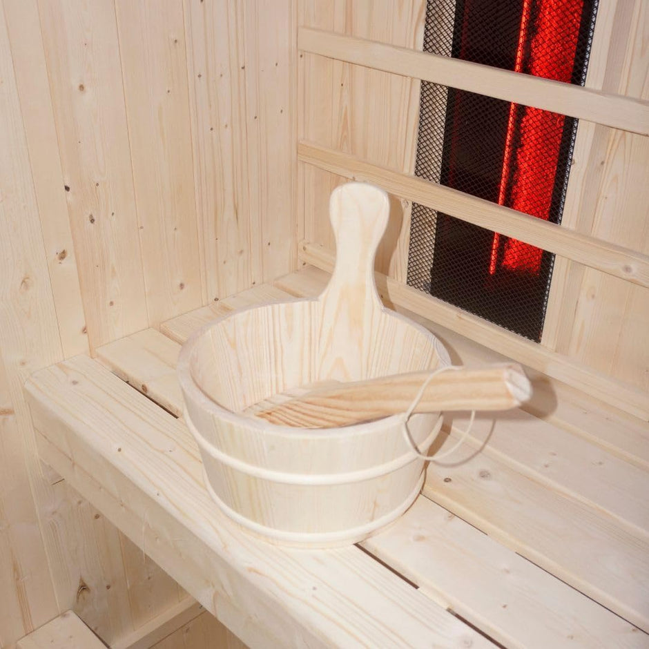 Cabina de infrarrojos para exteriores (incluye piedras de sauna, cubeta con creador, termómetro y reloj de arena)