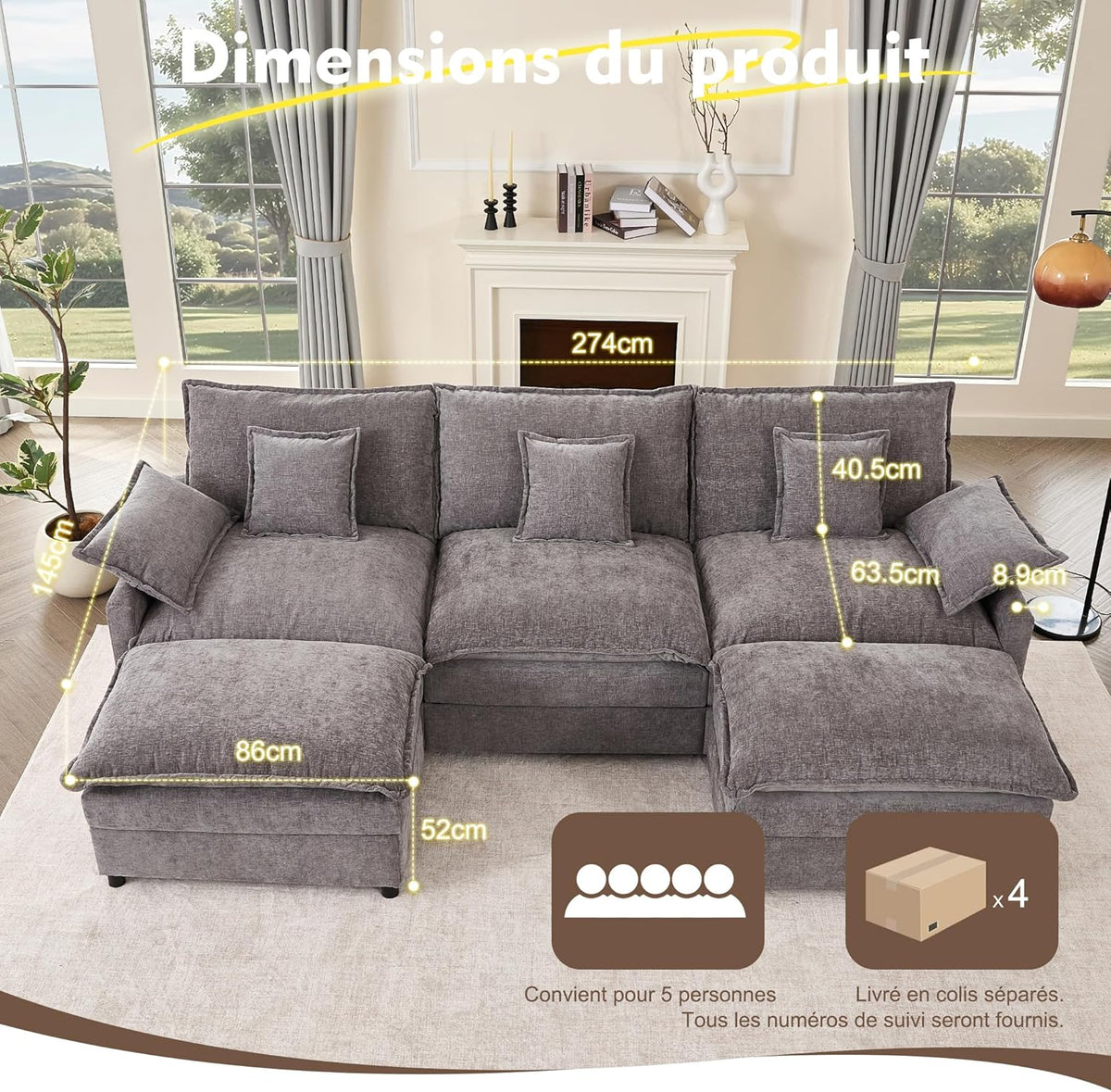 Sofá Modular en Forma de U,Set of sofá de Esquina de 3 plazas con Taburete