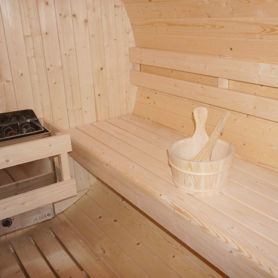 Sauna para 4 – 6 personas 194,8 × 220 × 191,5 cm, horno Harvia 8 kW, madera de abeto, cristal templado