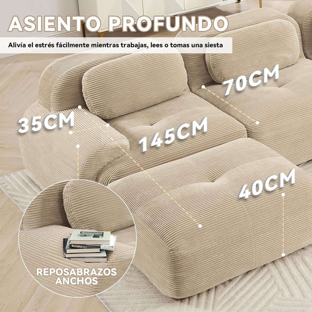Sofá Moderno Modular, Tela côtelé, Asiento Profundo + reposabrazos Anchos