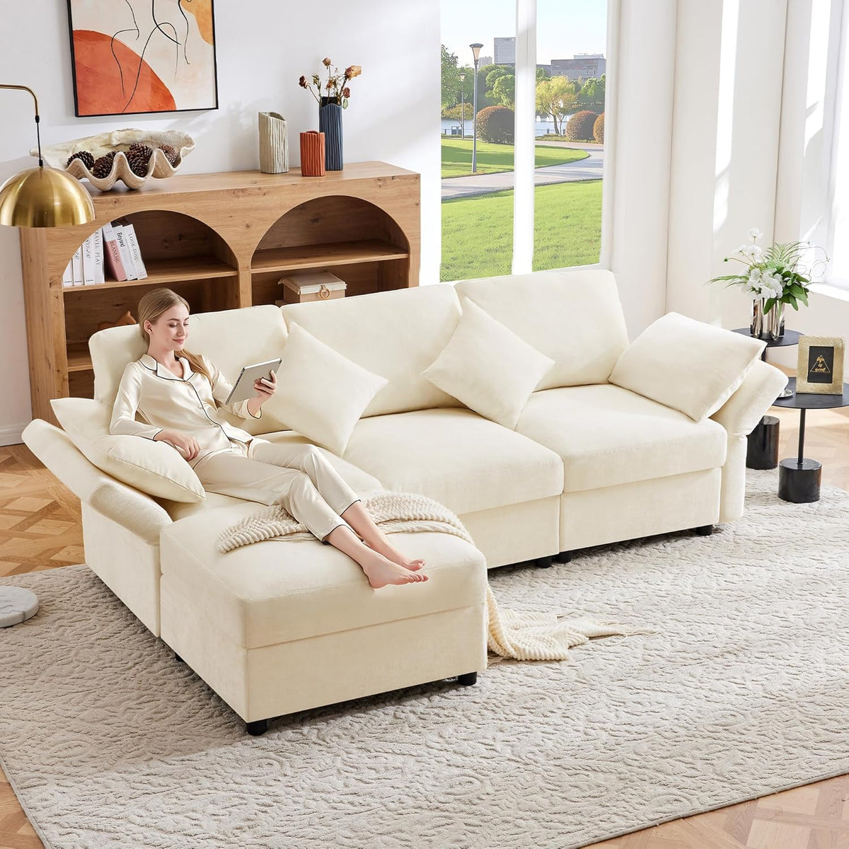 Sofá de esquina en forma de L con reposapiés, sofá cama convertible de 3 plazas