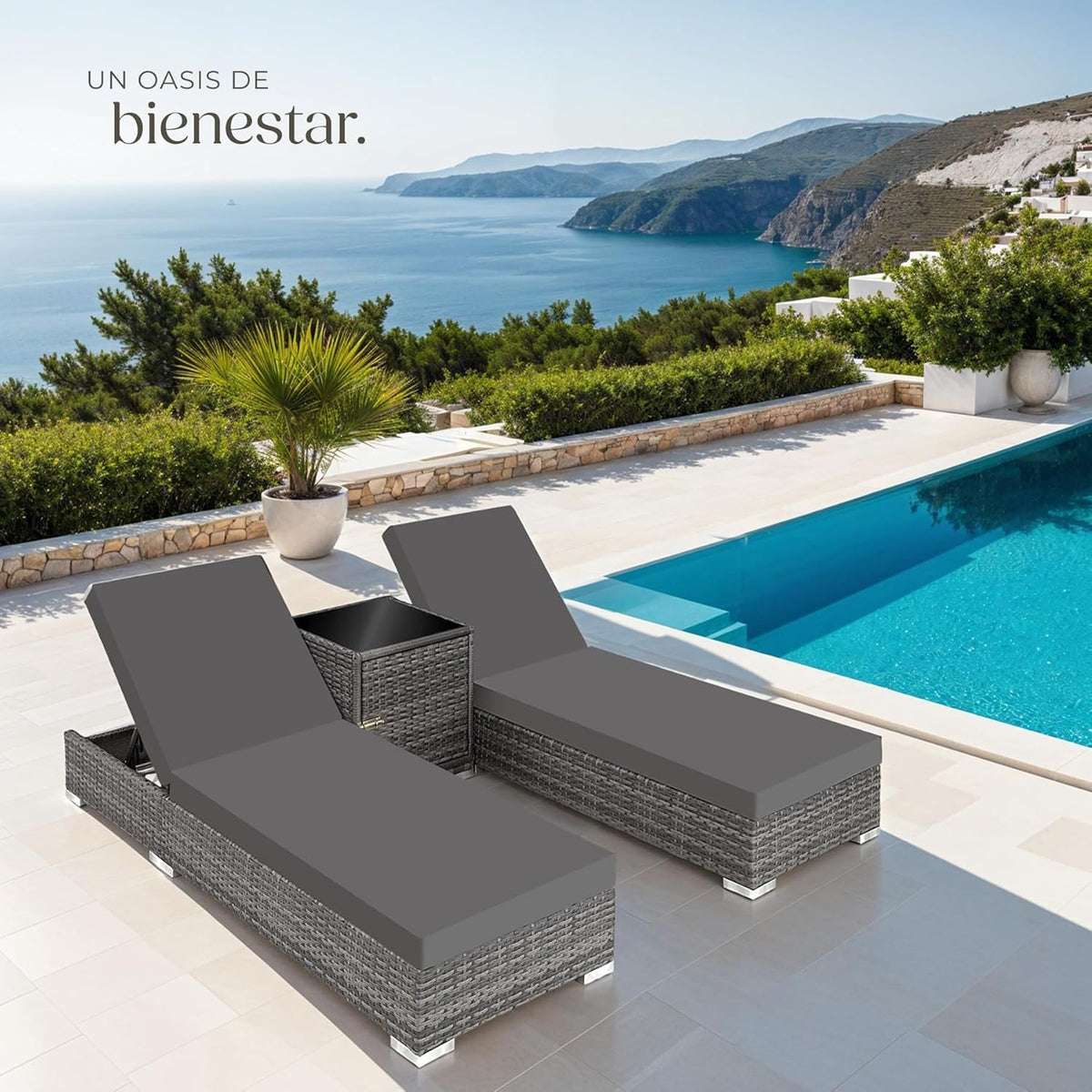 Set 2 Tumbonas de Ratán y Aluminio + Mesa Jardín, Tumbonas Piscina Respaldo Regulable