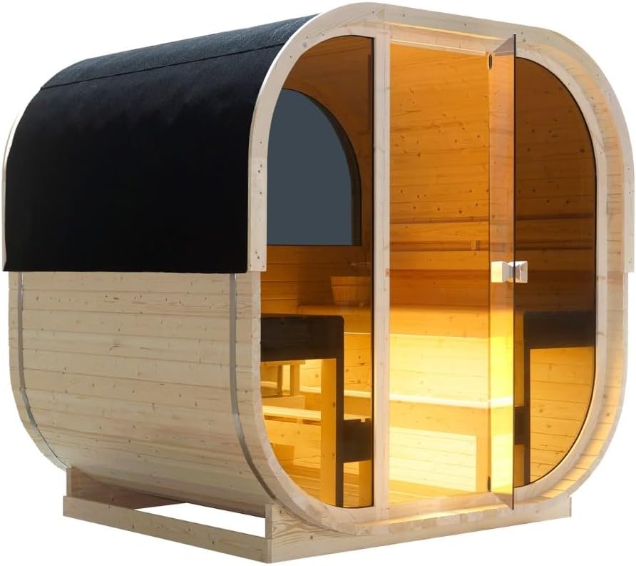 Sauna exterior y cabina de infrarrojos para 6 personas, 210 × 180 × 210 cm, horno Harvia de 8 kW, madera de abeto, cristal templado