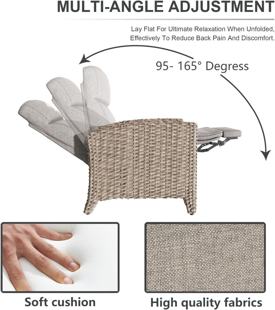 Tumbona de Relax y Juego de Mesa Auxiliar, Sillón de Ratán, Respaldo Ajustable, con Cojín Grueso