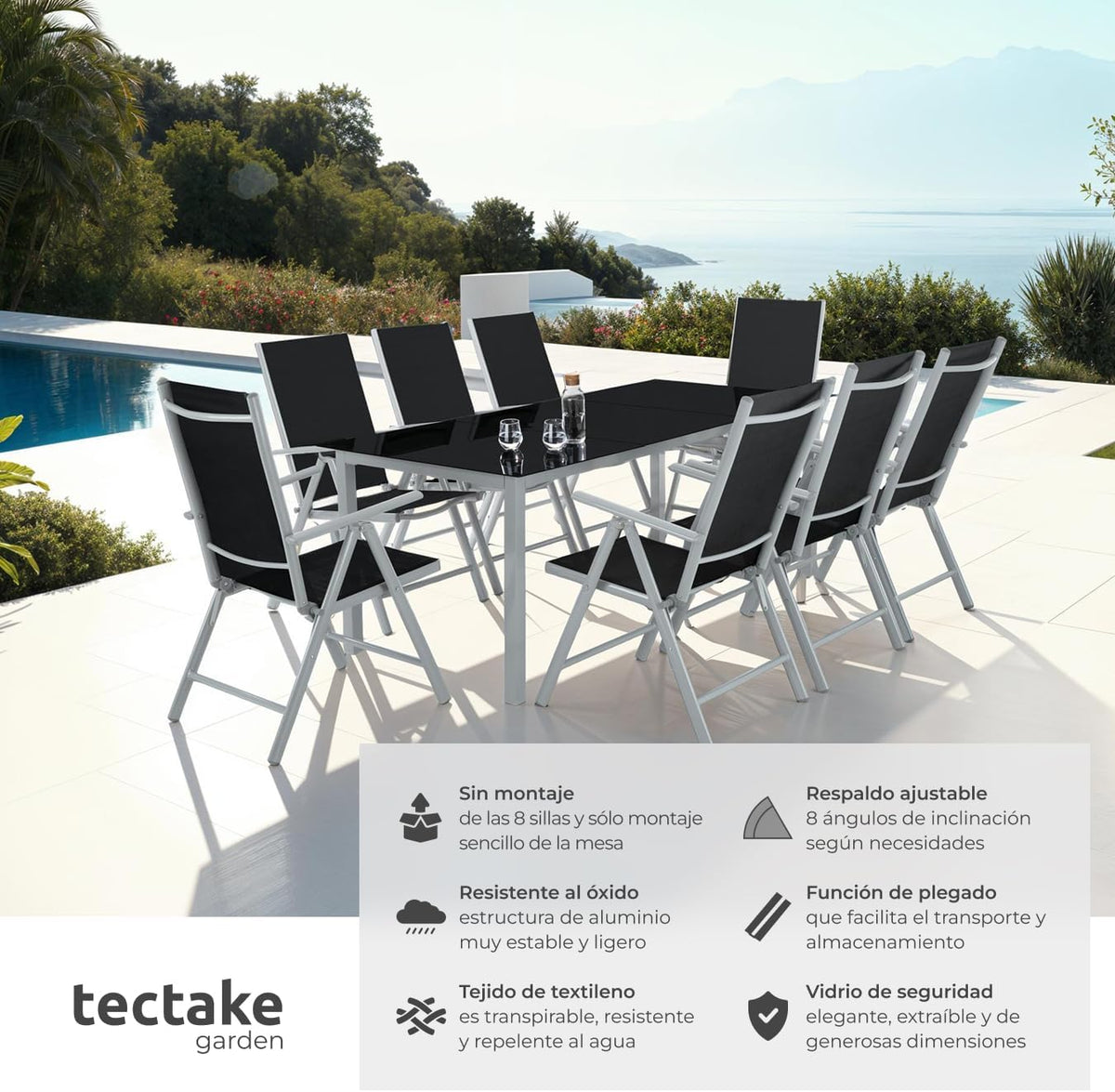 Muebles Jardín Exterior 9 Piezas, Estructura de Aluminio, Mesa y Sillas Terraza Impermeables