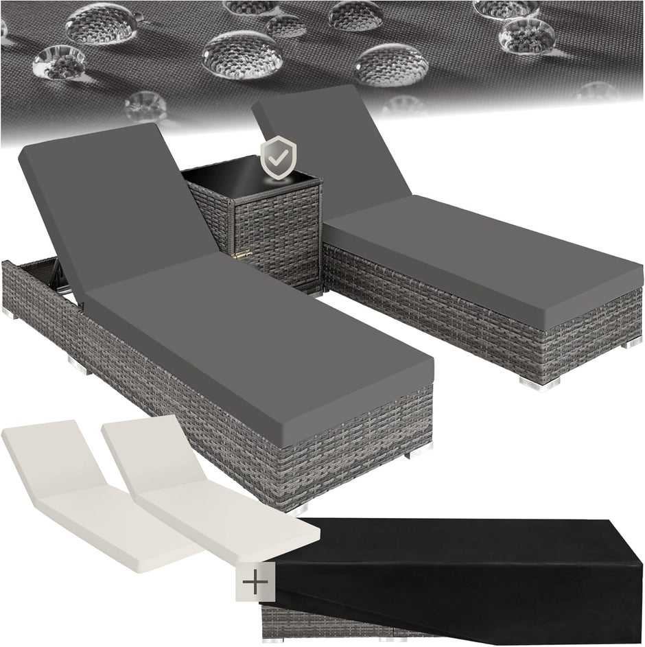 Set 2 Tumbonas de Ratán y Aluminio + Mesa Jardín, Tumbonas Piscina Respaldo Regulable