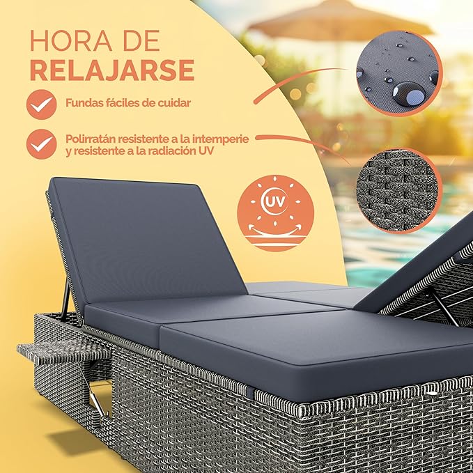 Tumbona Doble Jardín 200x115cm 2 Mesas Plegable Cojín Poliratán Resistente Intemperie 7 Posiciones Gris Antracita