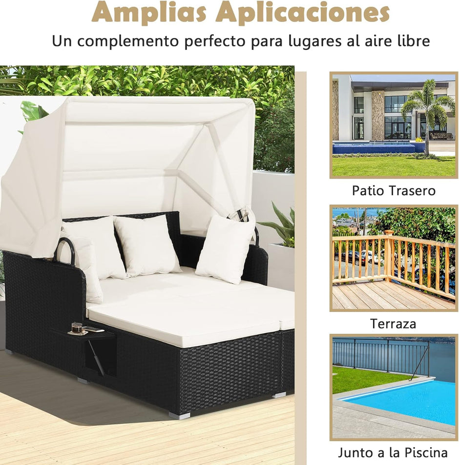 Tumbona Doble de Ratán, Paneles Laterales Plegables, Sofá Cama Doble para Jardín