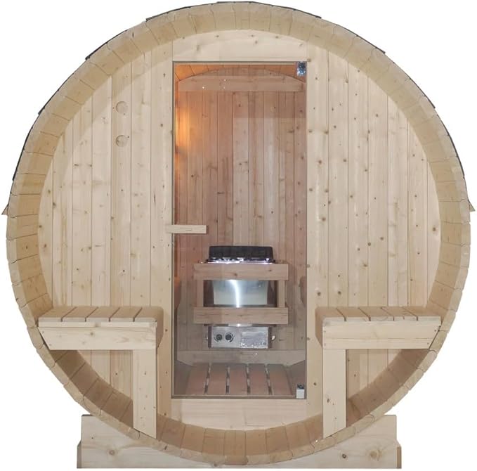 Sauna para 4 – 6 personas 194,8 × 220 × 191,5 cm, horno Harvia 8 kW, madera de abeto, cristal templado