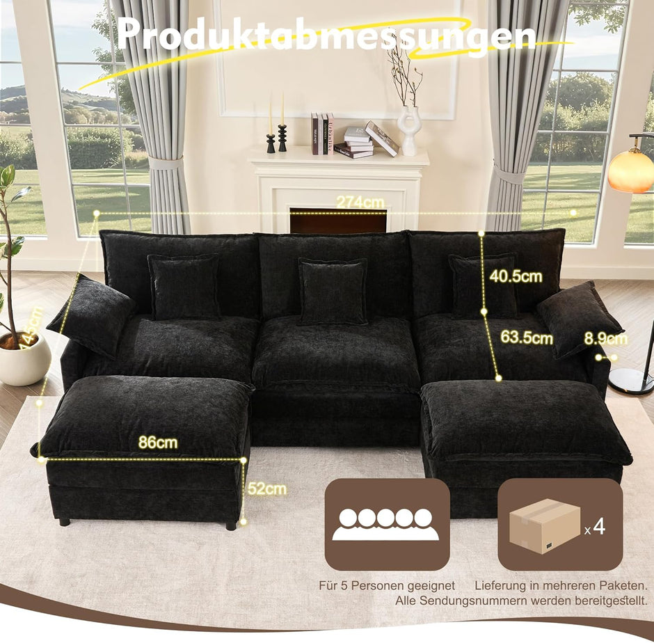 Sofá Modular en Forma de U,Set of sofá de Esquina de 3 plazas con Taburete