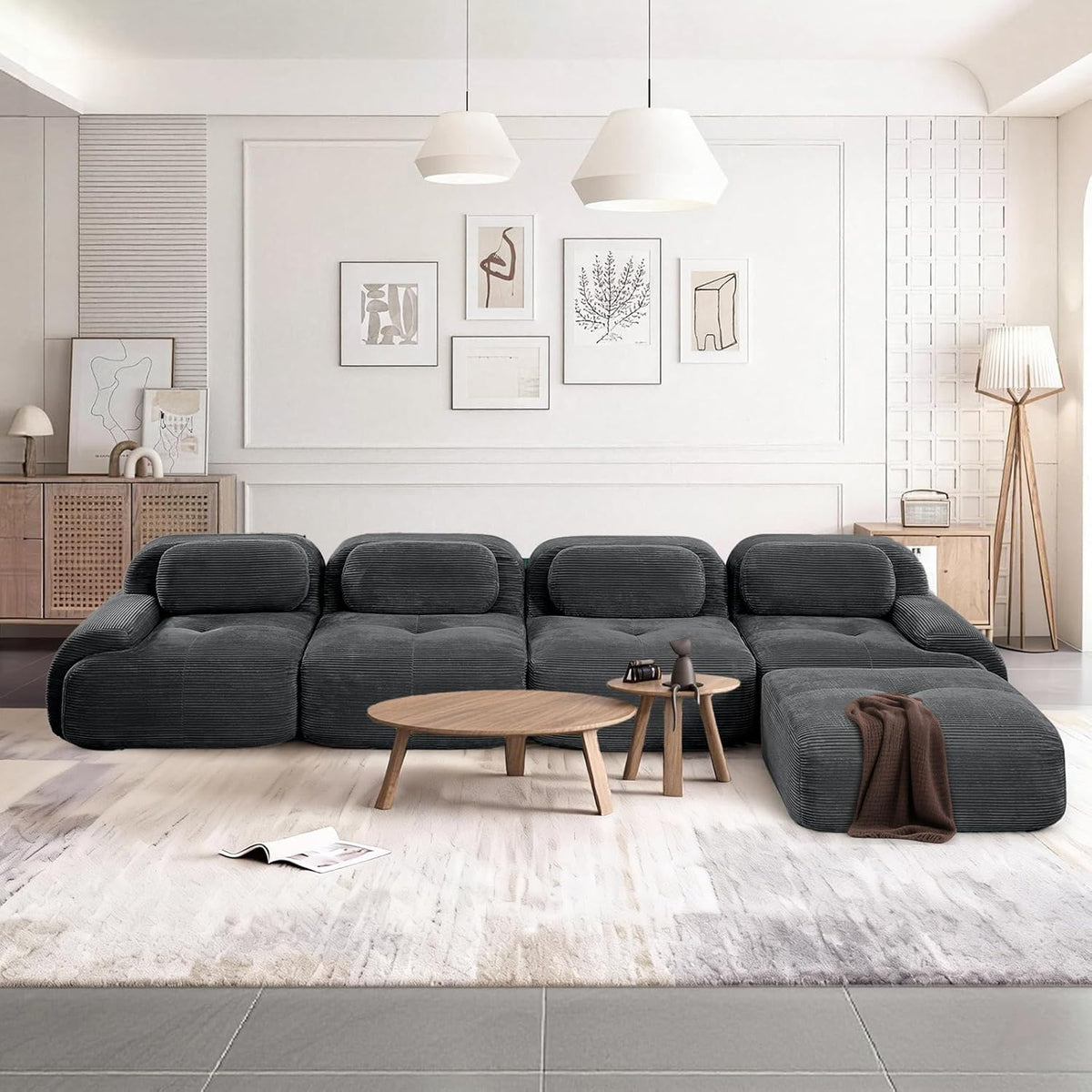 Sofá Moderno Modular, Tela côtelé, Asiento Profundo + reposabrazos Anchos