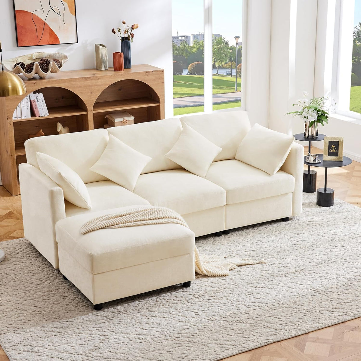Sofá de esquina en forma de L con reposapiés, sofá cama convertible de 3 plazas