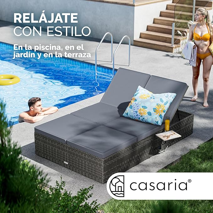 Tumbona Doble Jardín 200x115cm 2 Mesas Plegable Cojín Poliratán Resistente Intemperie 7 Posiciones Gris Antracita