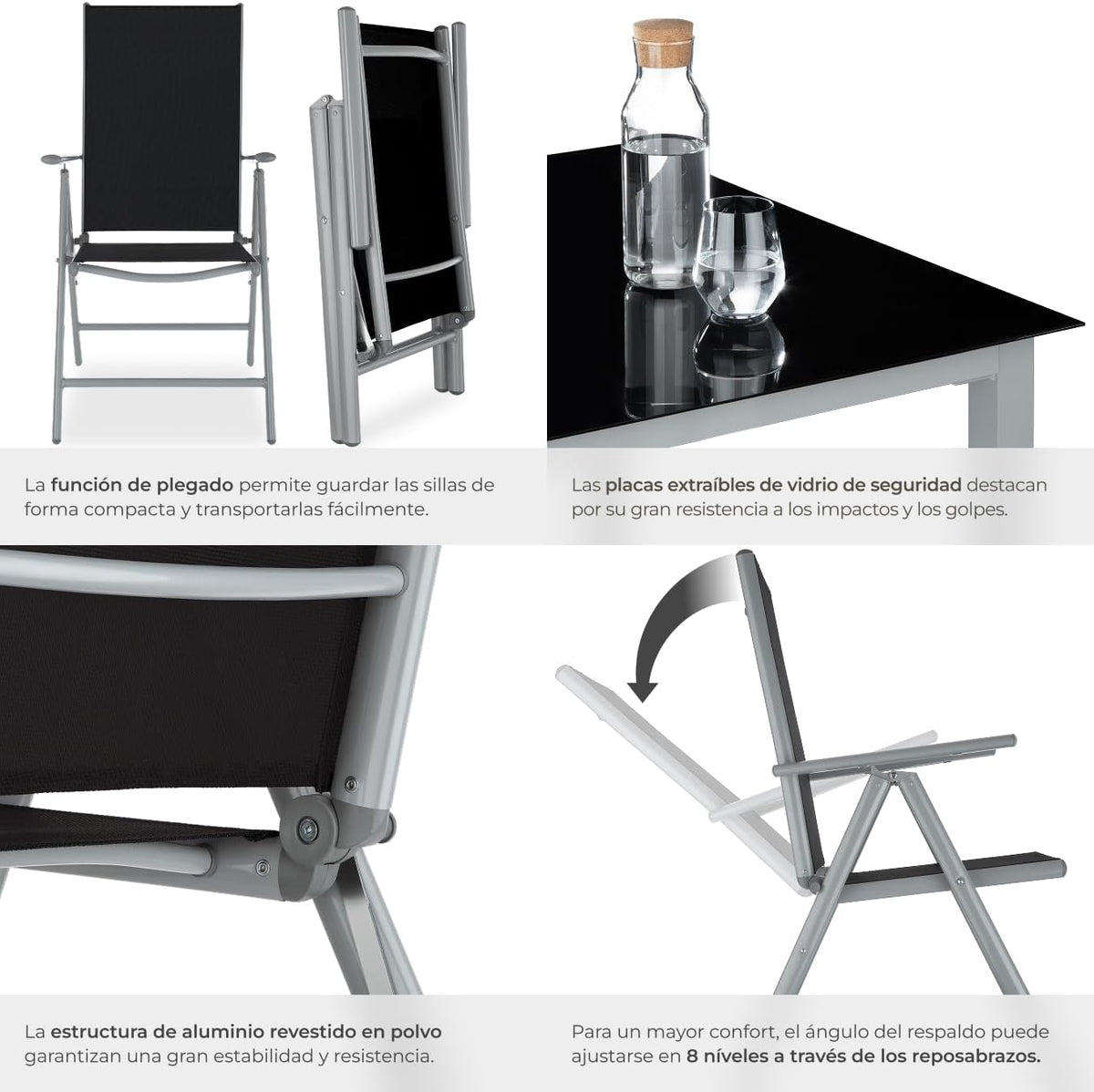 Muebles Jardín Exterior 9 Piezas, Estructura de Aluminio, Mesa y Sillas Terraza Impermeables