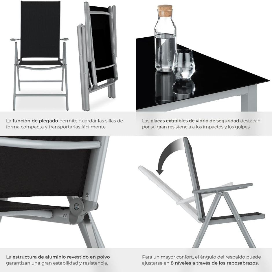 Muebles Jardín Exterior 9 Piezas, Estructura de Aluminio, Mesa y Sillas Terraza Impermeables