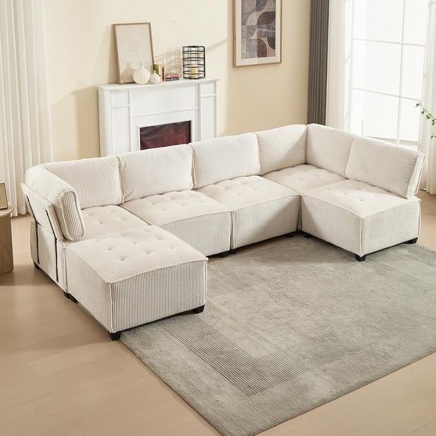 Sofá largo de 308 cm para 6 personas, tejido de pana, flexible
