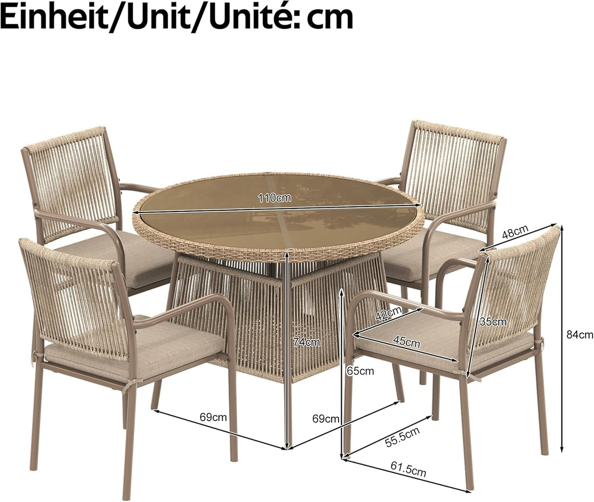 Conjunto Mesa y Sillas Jardin Muebles Jardin Exterior 5 Piezas con 4 Sillones y Tablab Redonda