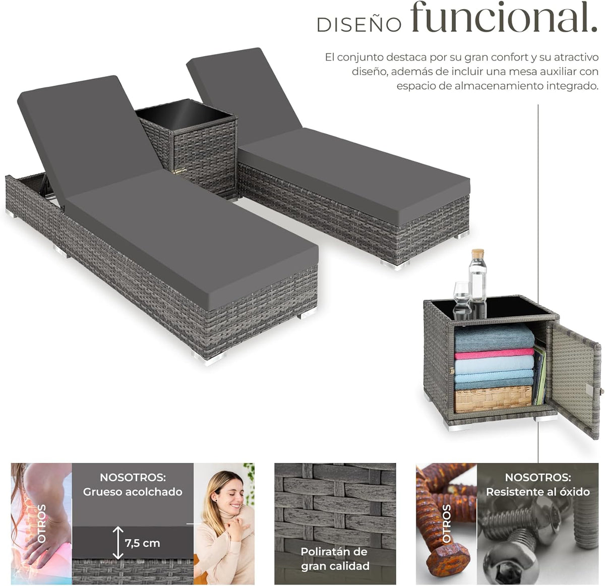 Set 2 Tumbonas de Ratán y Aluminio + Mesa Jardín, Tumbonas Piscina Respaldo Regulable