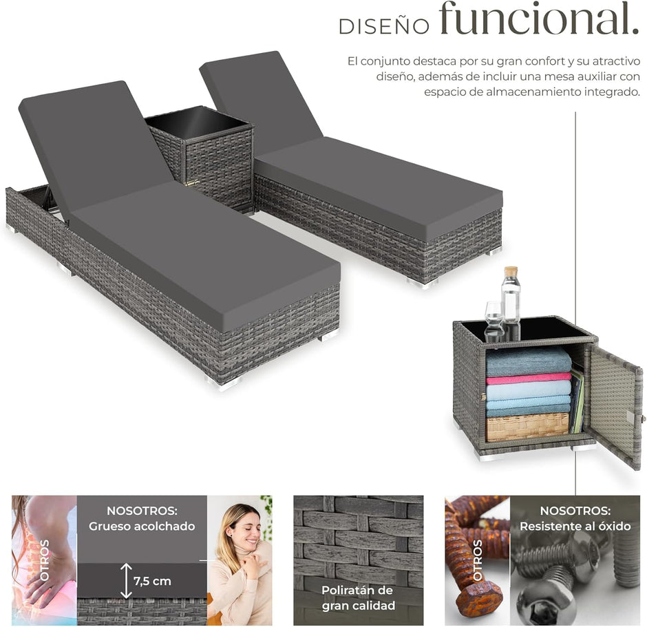 Set 2 Tumbonas de Ratán y Aluminio + Mesa Jardín, Tumbonas Piscina Respaldo Regulable