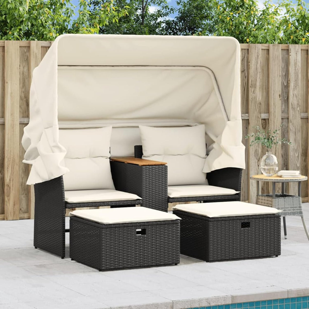 Sofá Jardín 2 Plazas con Mesa Central y Taburetes, Muebles de Terraza con Toldo, Sofá de Exterior 2 Plazas