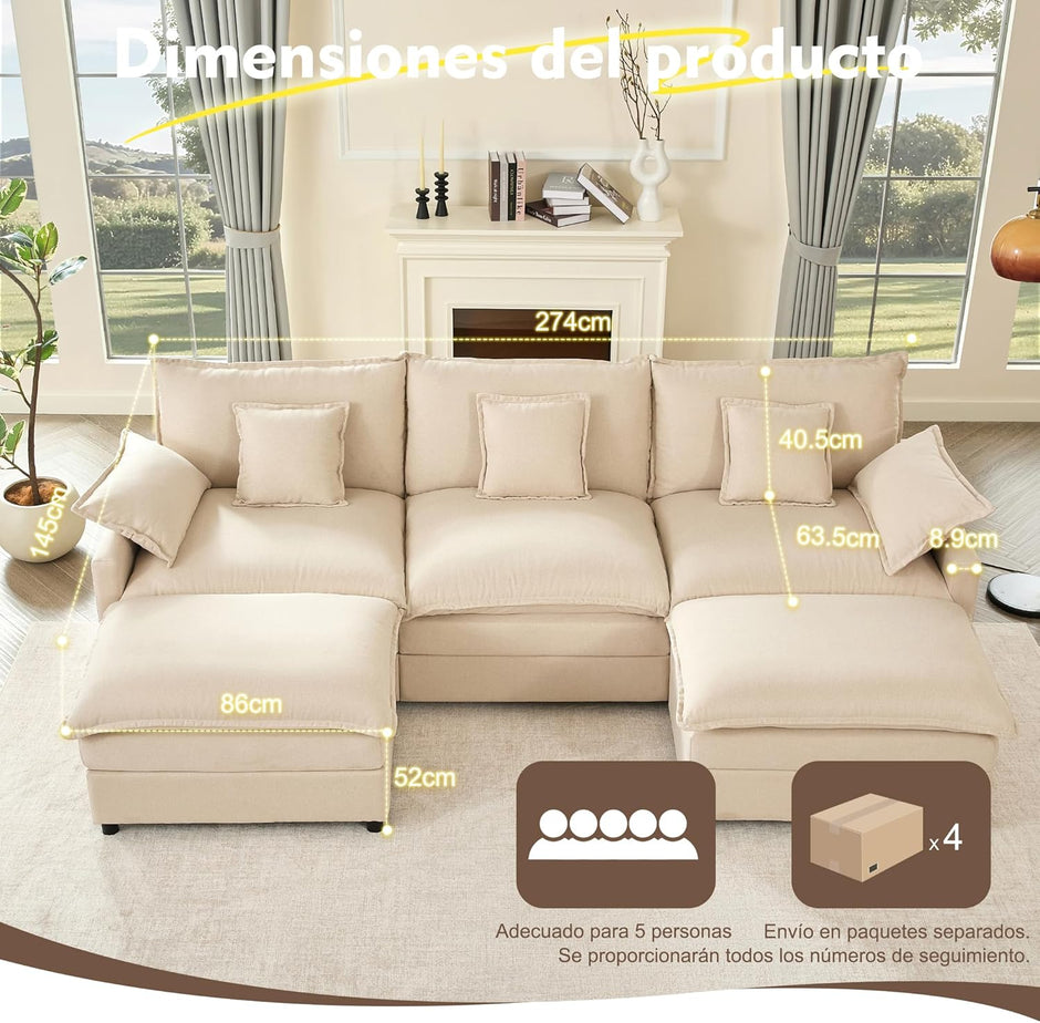 Sofá Modular en Forma de U,Set of sofá de Esquina de 3 plazas con Taburete