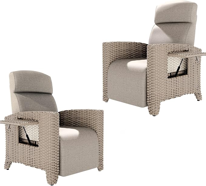 Tumbona de Relax y Juego de Mesa Auxiliar, Sillón de Ratán, Respaldo Ajustable, con Cojín Grueso