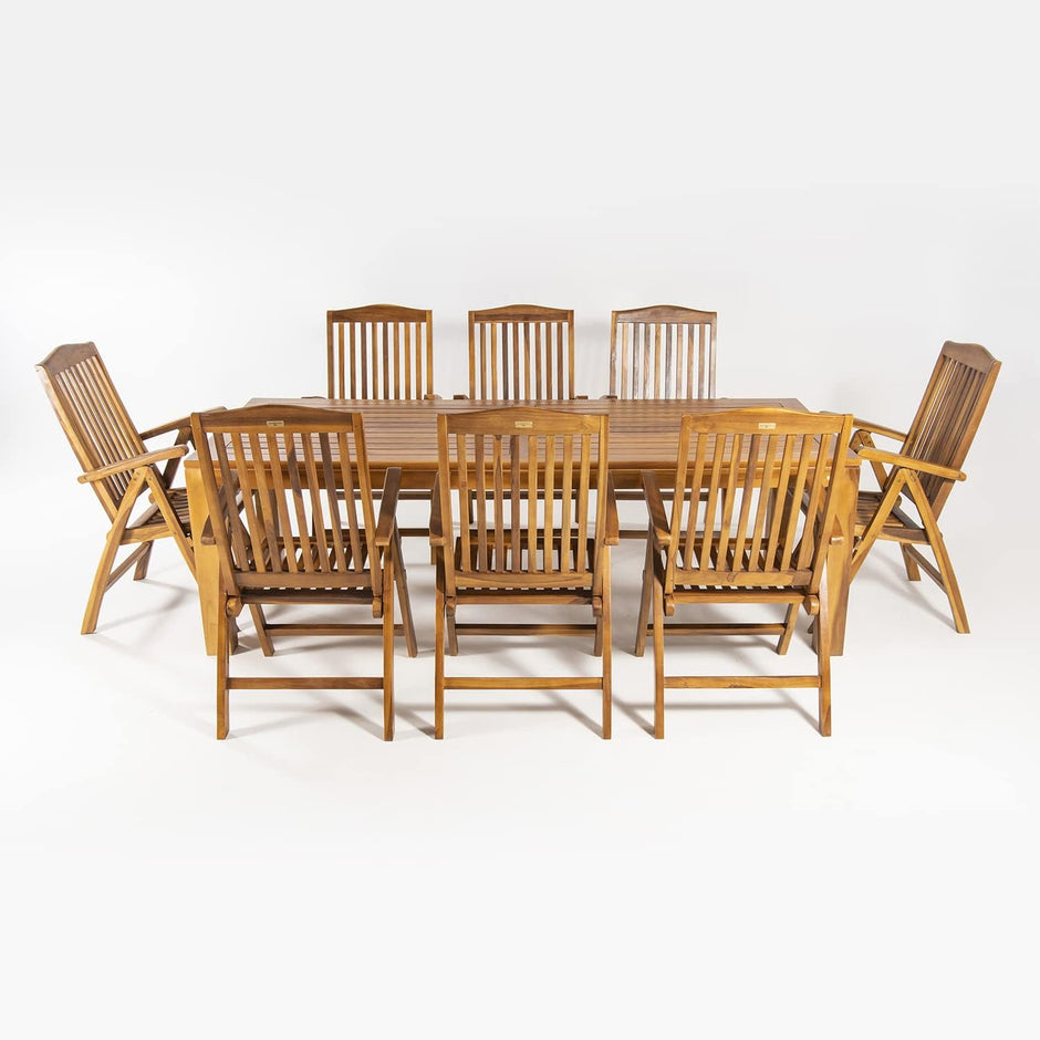 Conjunto de jardín de Madera Teca, Mesa de 240 cm de Largo y 8 sillones reclinables