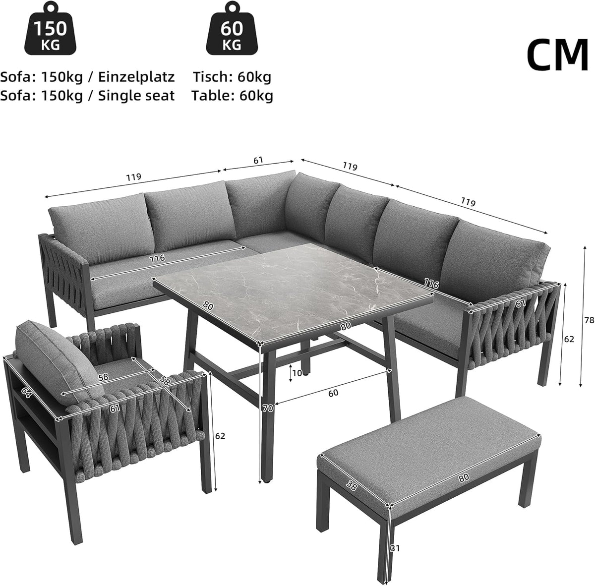Juego de muebles de jardín de cuerda con estructura de hierro galvanizado