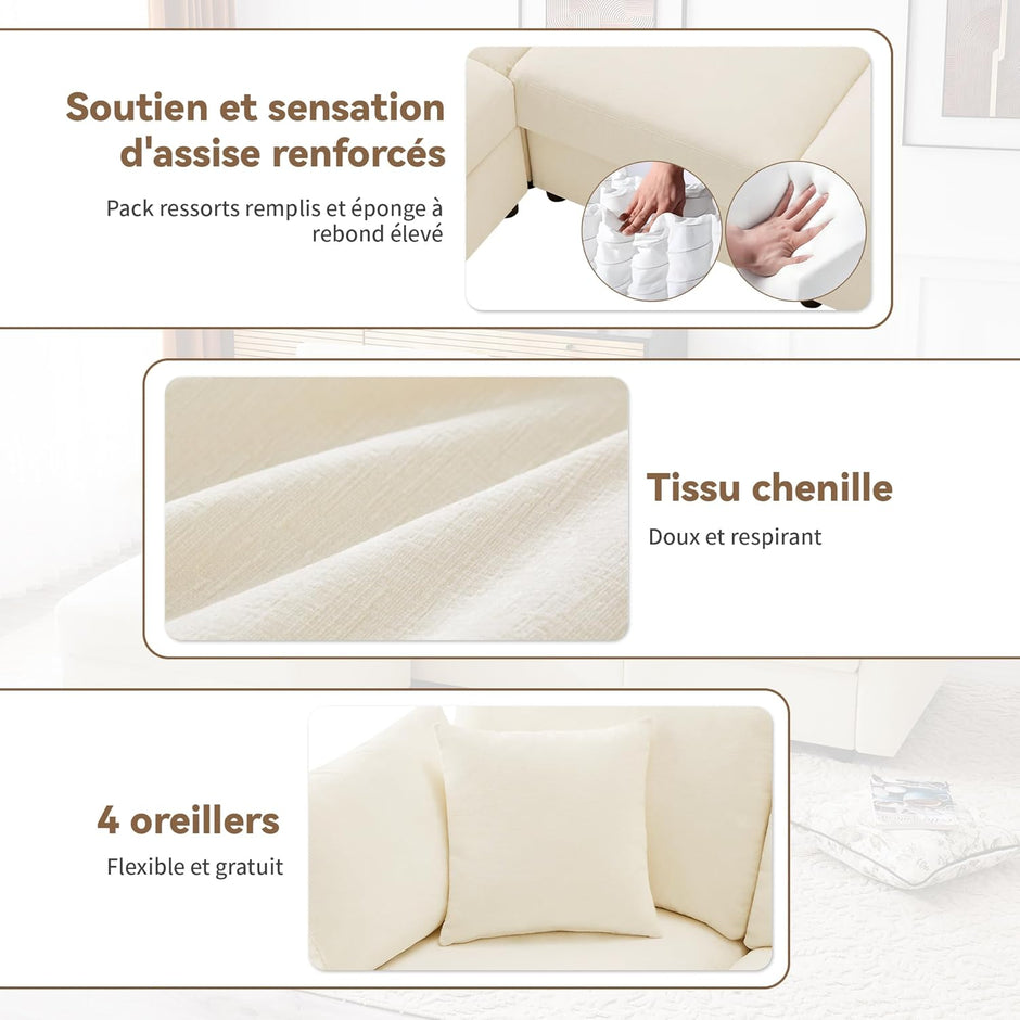 Sofá de esquina en forma de L con reposapiés, sofá cama convertible de 3 plazas