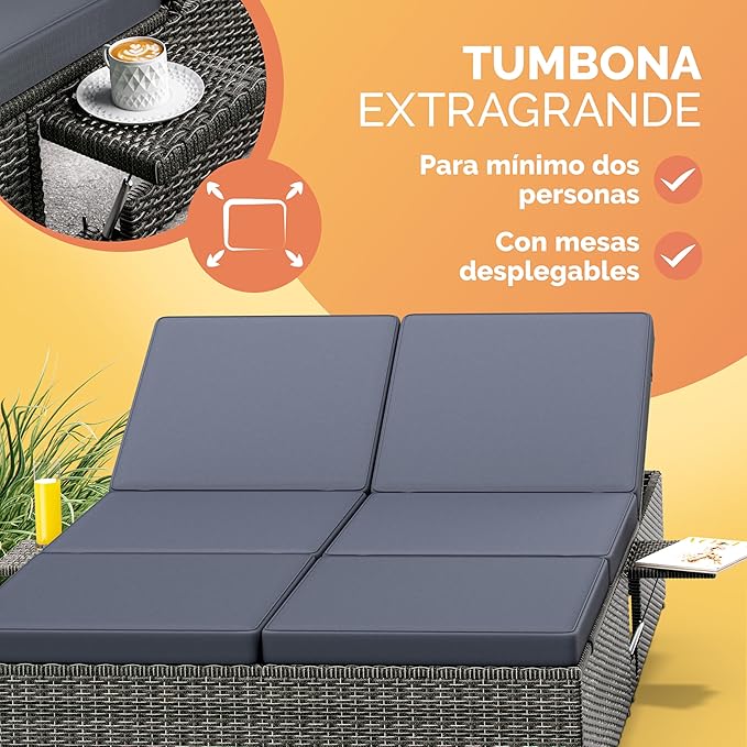 Tumbona Doble Jardín 200x115cm 2 Mesas Plegable Cojín Poliratán Resistente Intemperie 7 Posiciones Gris Antracita