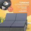 Tumbona Doble Jardín 200x115cm 2 Mesas Plegable Cojín Poliratán Resistente Intemperie 7 Posiciones Gris Antracita