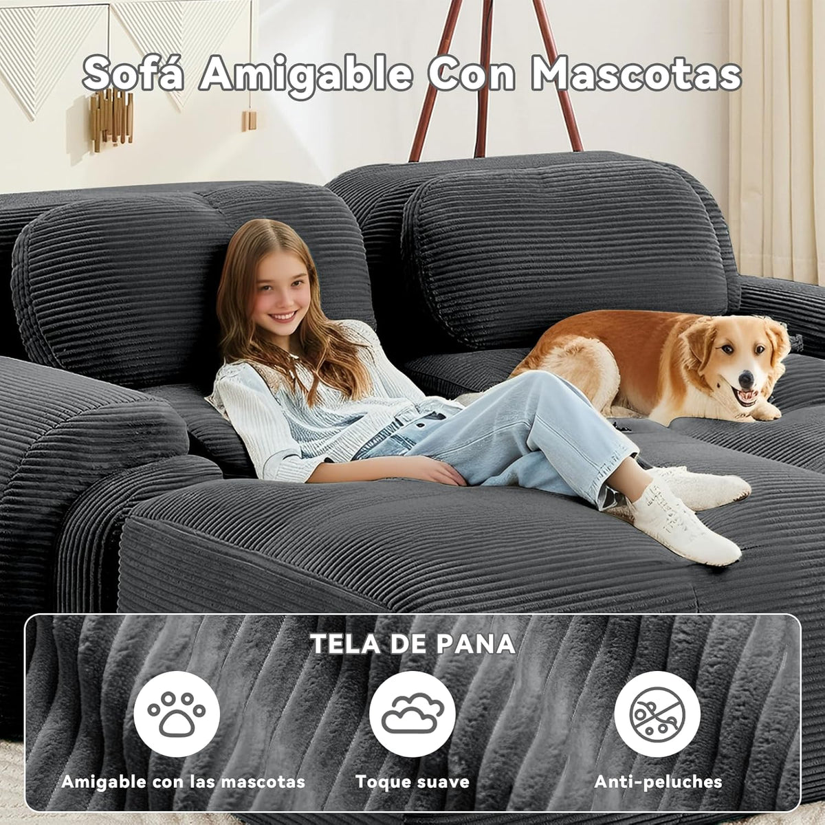 Sofá Moderno Modular, Tela côtelé, Asiento Profundo + reposabrazos Anchos