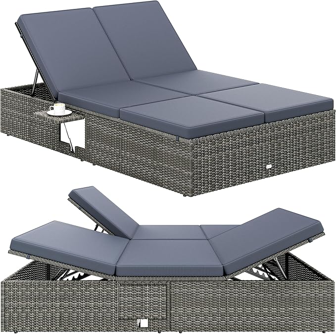 Tumbona Doble Jardín 200x115cm 2 Mesas Plegable Cojín Poliratán Resistente Intemperie 7 Posiciones Gris Antracita
