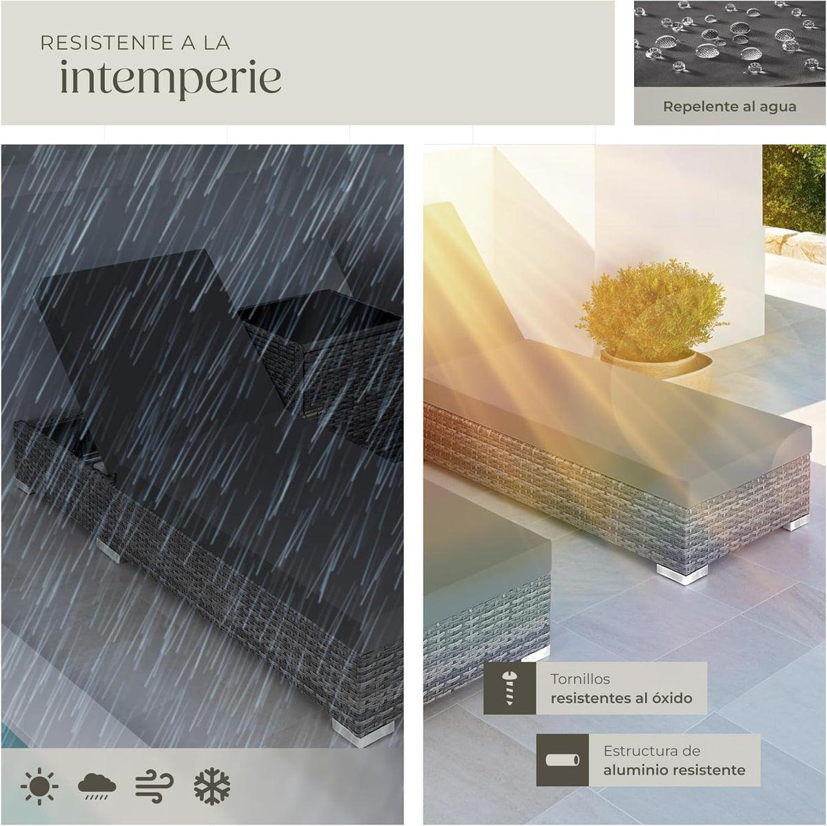 Set 2 Tumbonas de Ratán y Aluminio + Mesa Jardín, Tumbonas Piscina Respaldo Regulable