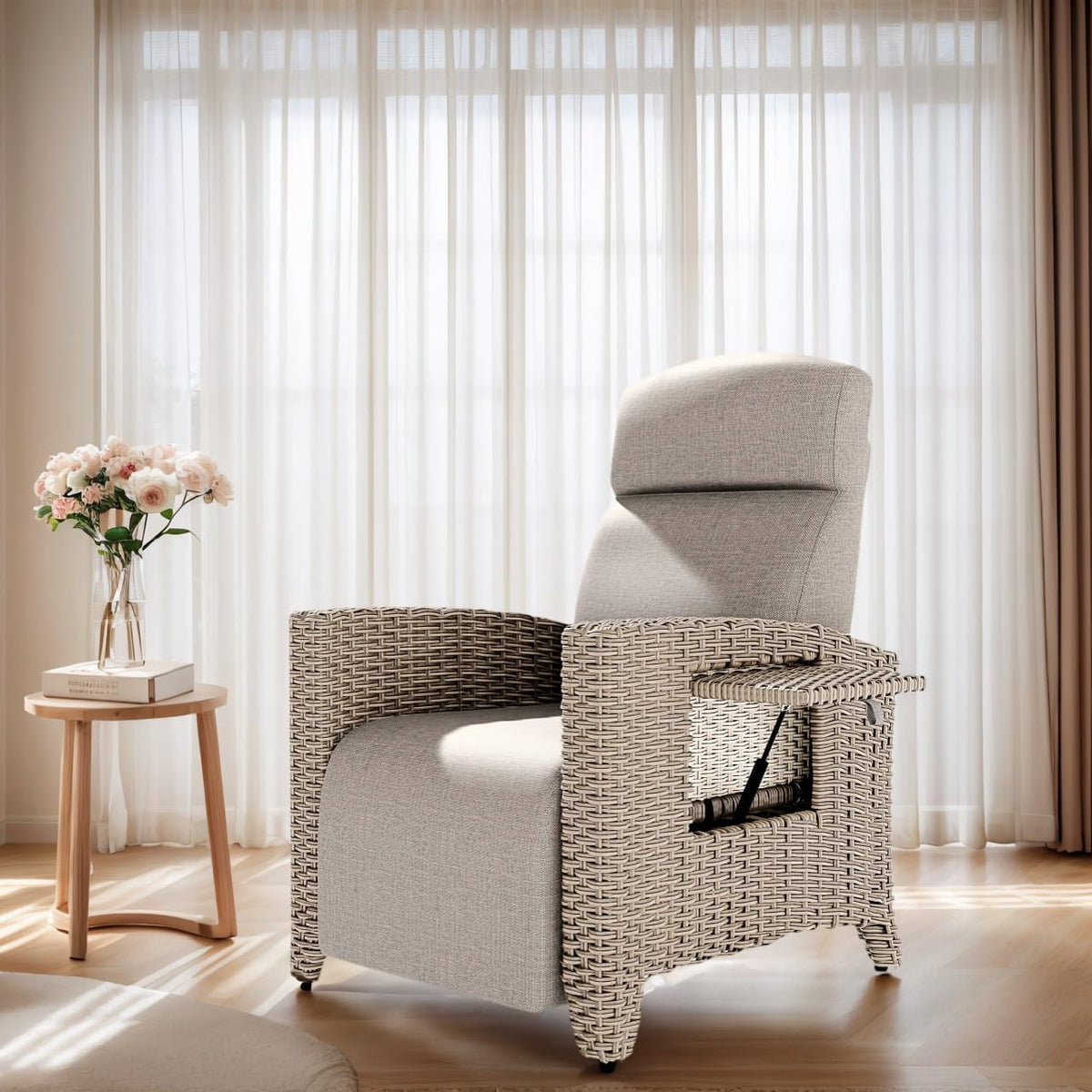 Tumbona de Relax y Juego de Mesa Auxiliar, Sillón de Ratán, Respaldo Ajustable, con Cojín Grueso