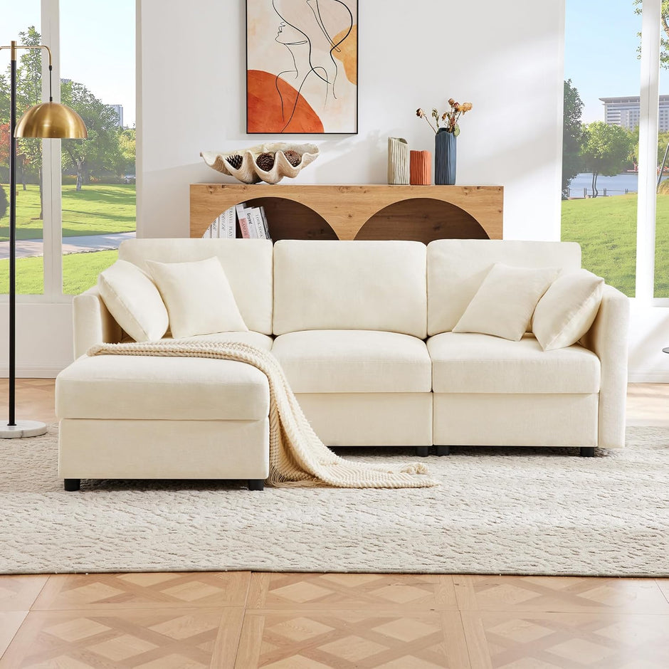 Sofá de esquina en forma de L con reposapiés, sofá cama convertible de 3 plazas