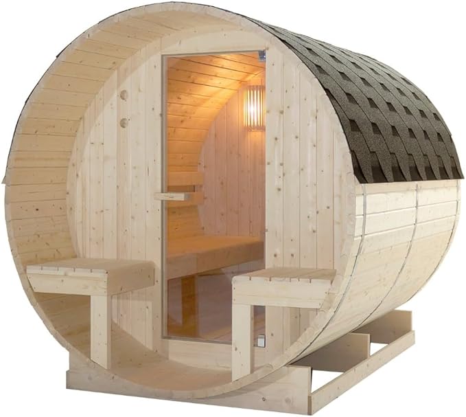 Sauna para 4 – 6 personas 194,8 × 220 × 191,5 cm, horno Harvia 8 kW, madera de abeto, cristal templado