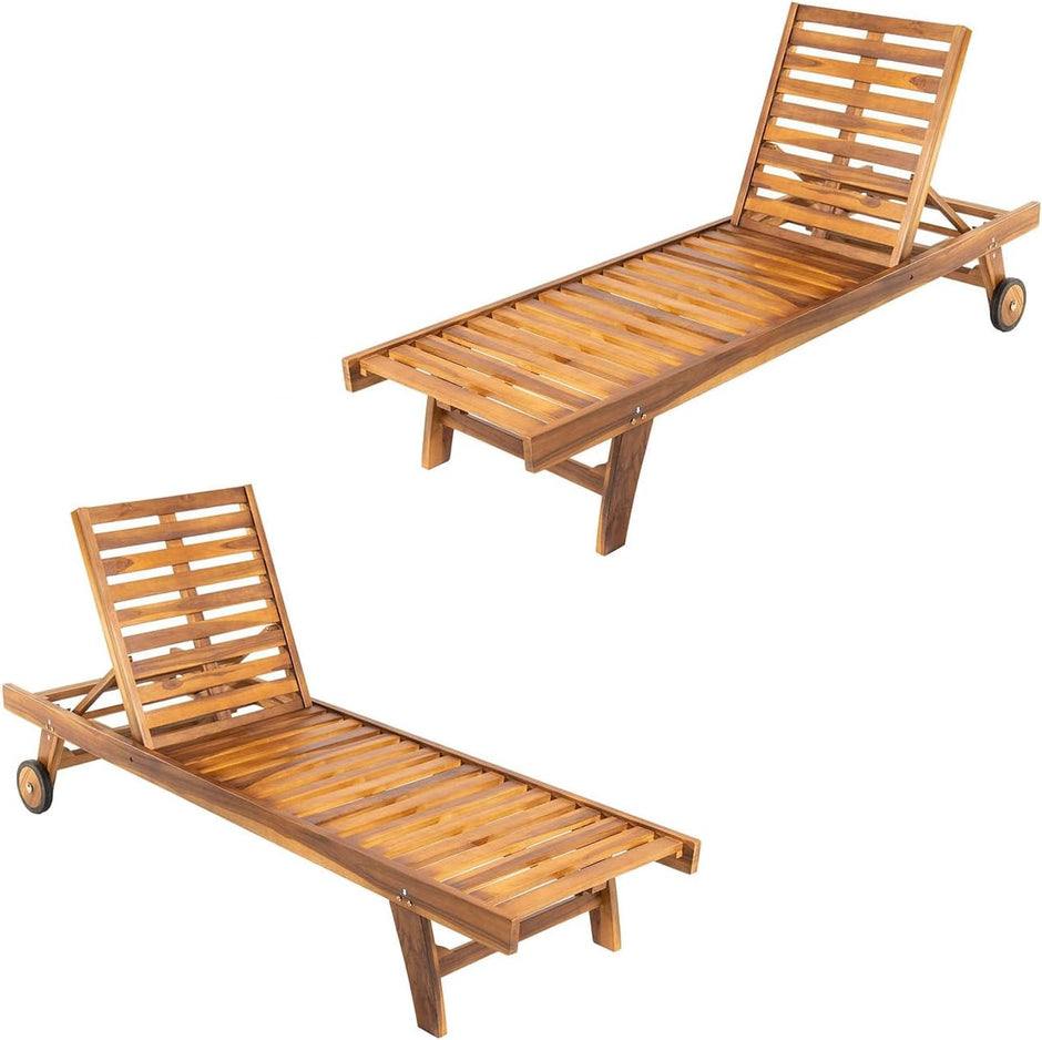 Pack 2 tumbonas para jardín con Ruedas, Reclinable, Madera Teca Grado A, Medidas 65x200x35 cm